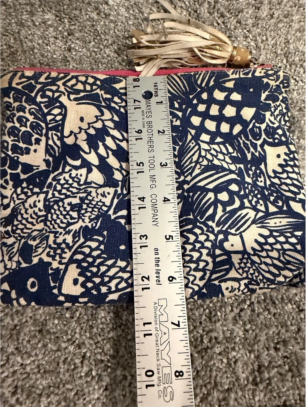 Lilly Pulitzer Blue and Beige Patterned Canvas Tassel Clutch
